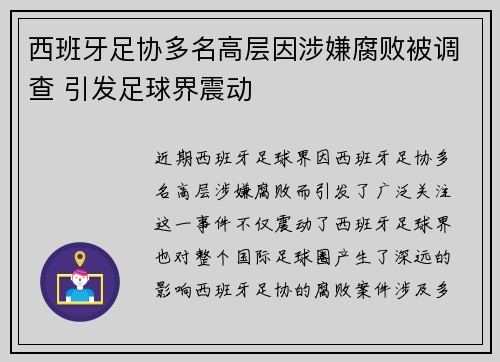 西班牙足协多名高层因涉嫌腐败被调查 引发足球界震动 西班牙足协多名高层因涉嫌腐败被调查 引发足球界震动